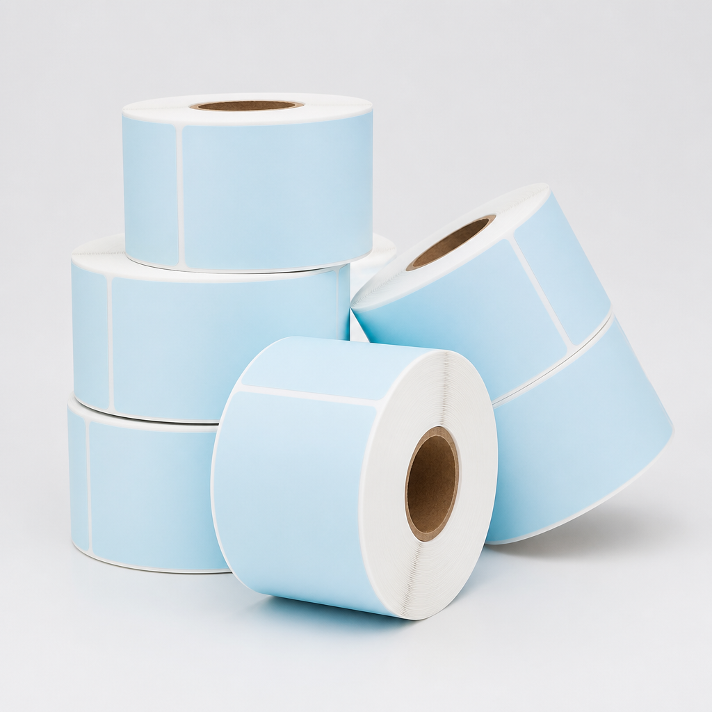 Factory custom 2.25 x 1.25 light blue adhesive thermal label paper roll, Wholesale printer label stickers
